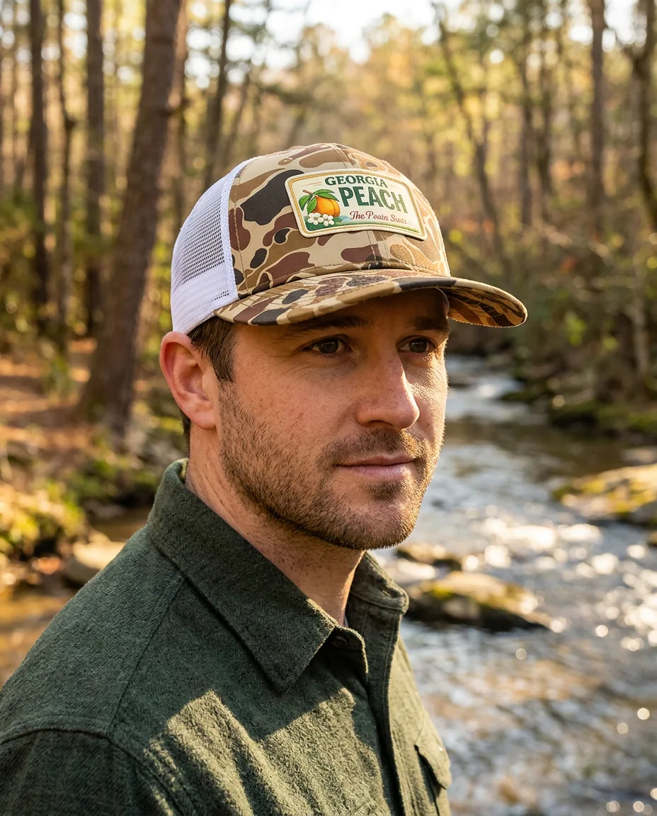 Man wearing the Chino Duck Camo cap with the Georgia Peach patch on a wooded Georgia creek trail