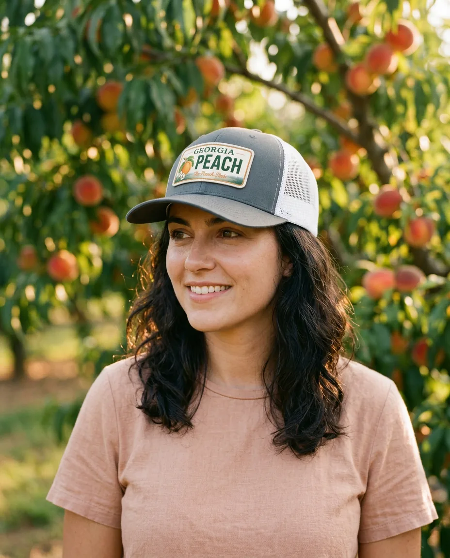 Woman wearing the Classic Peach cap with the Georgia Peach patch in a Georgia peach orchard at golden hour