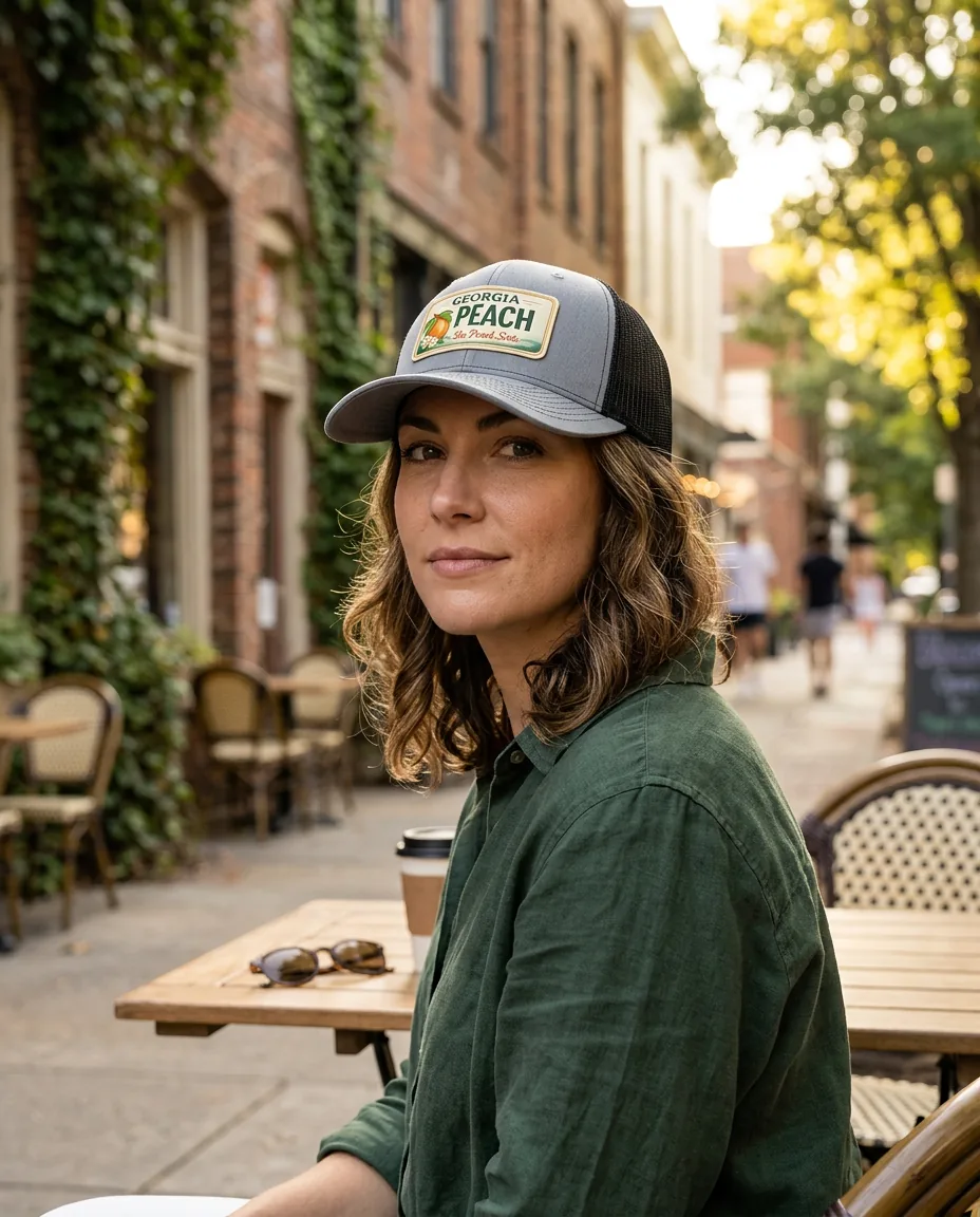 Woman wearing the Atlanta cap with the Georgia Peach patch at a downtown Atlanta outdoor cafe