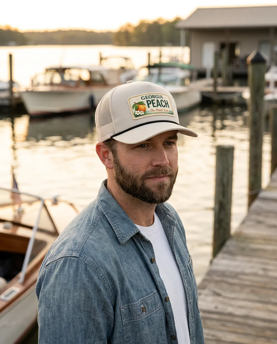 Man wearing the Lake Lanier cap with the Georgia Peach patch on a lake marina dock at sunset