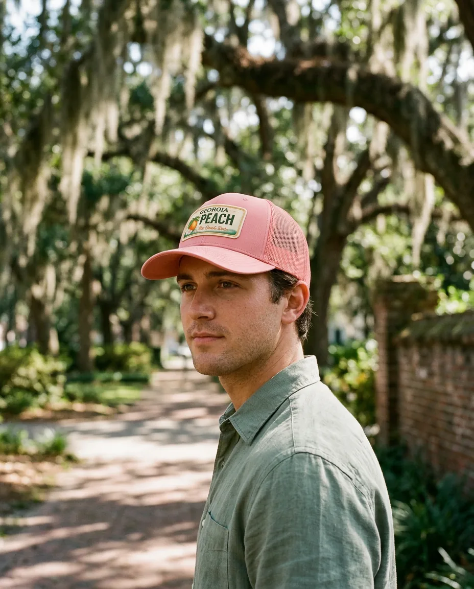 Man wearing the Savannah cap with the Georgia Peach patch under live oaks in a Savannah square