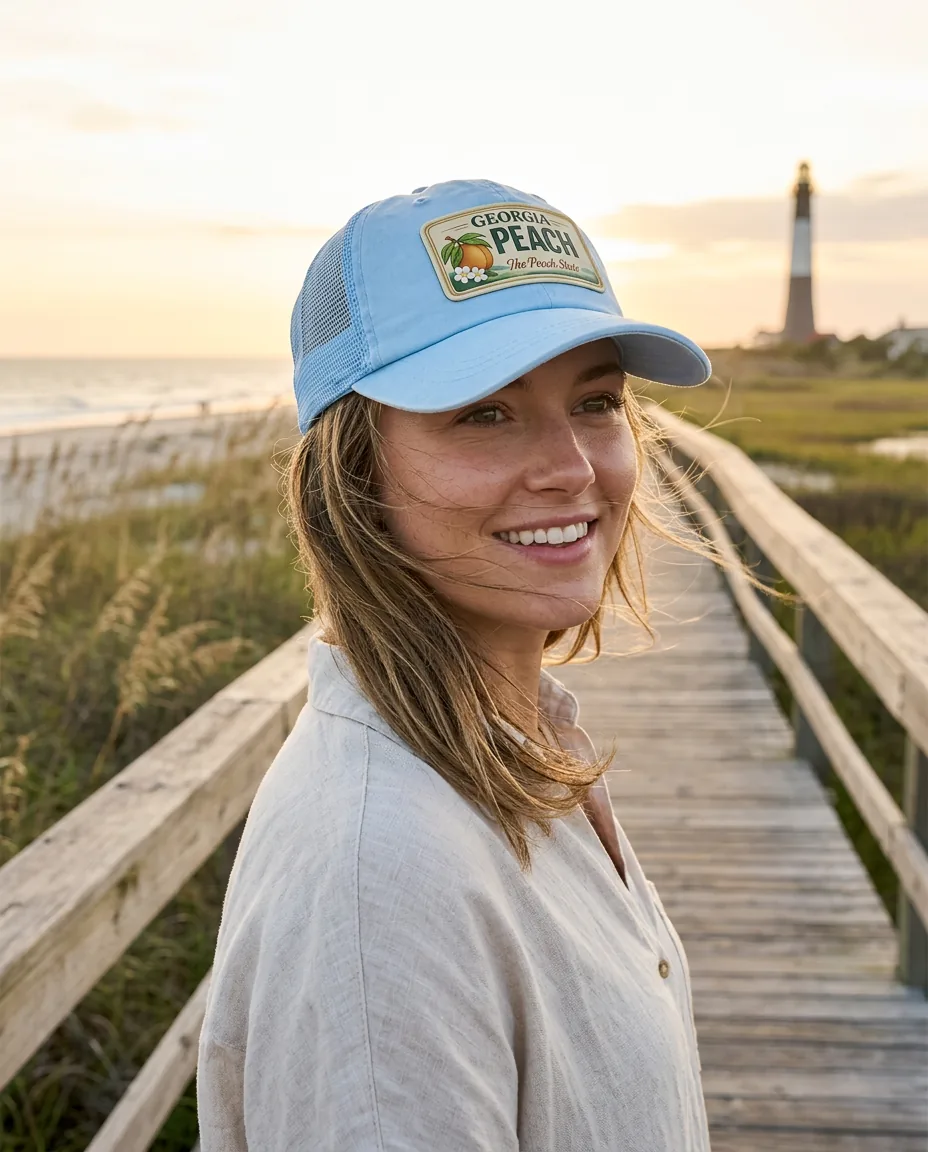 Woman wearing the Tybee cap with the Georgia Peach patch on a coastal boardwalk at sunset