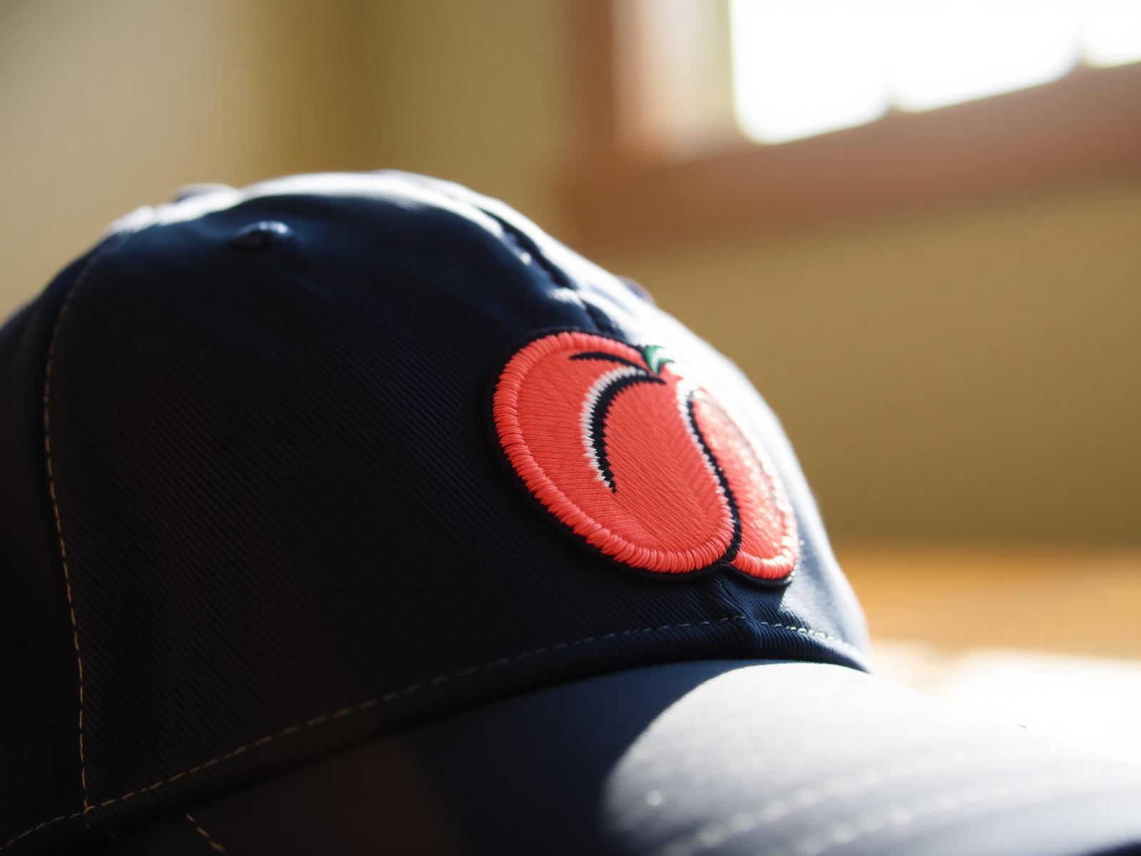 Embroidered Georgia peach patch on a navy cap